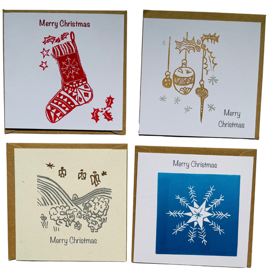 Christmas card bundle pack of 4 original Lino printed cards.
