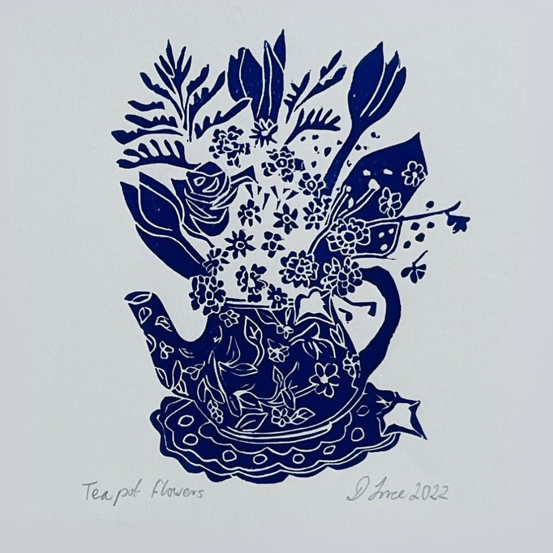Blue flowers in a teapot print, original linocut print