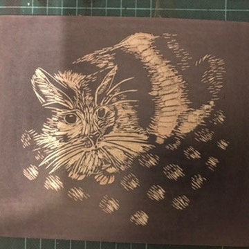 Black and white cat, long haired cat, original lino print