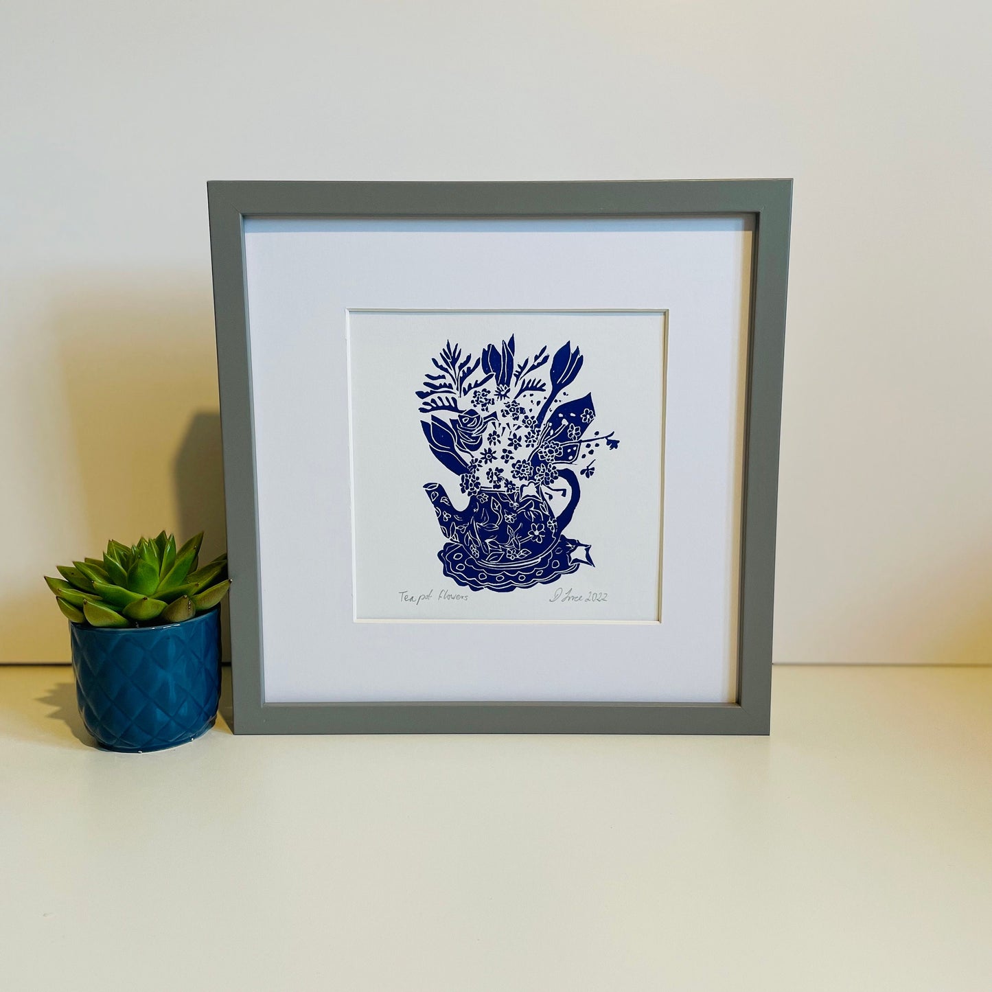 Blue flowers in a teapot print, original linocut print