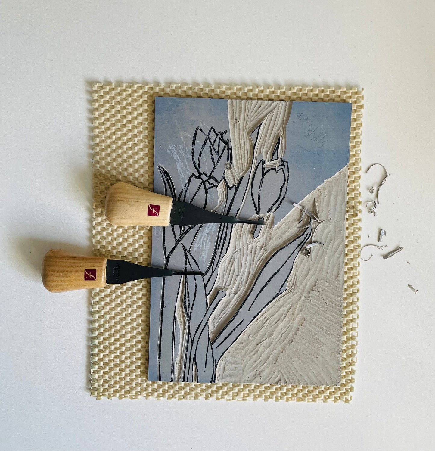 Tulips flower handmade original lino print