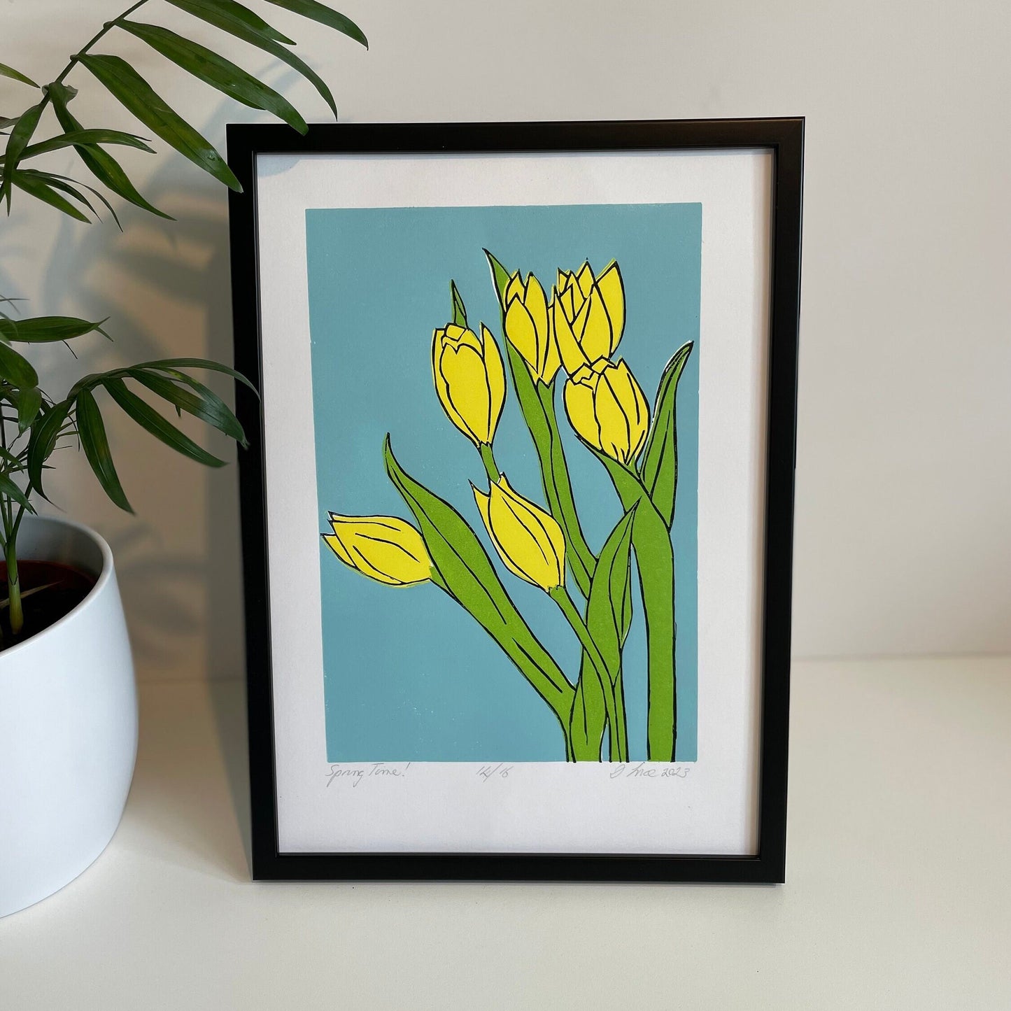 Tulips flower handmade original lino print