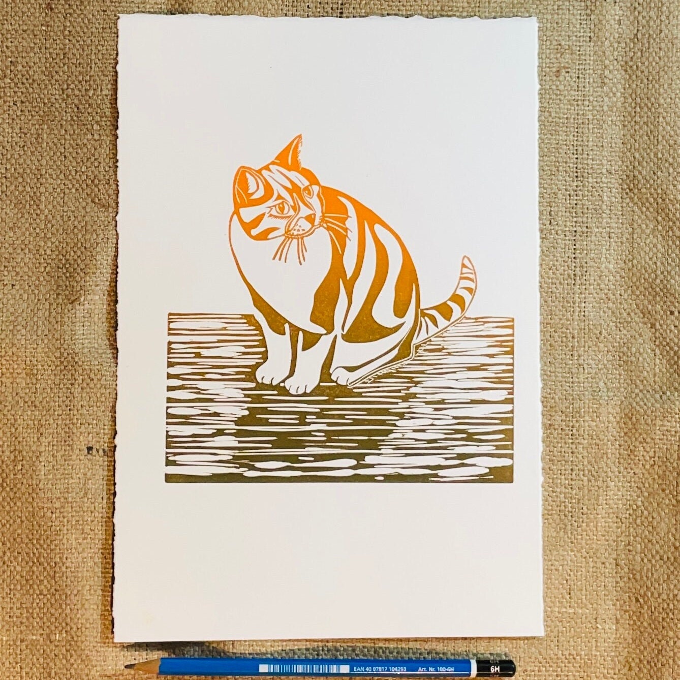 Cat Ginger print which is a handmade original lino print