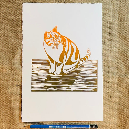 Cat Ginger print which is a handmade original lino print