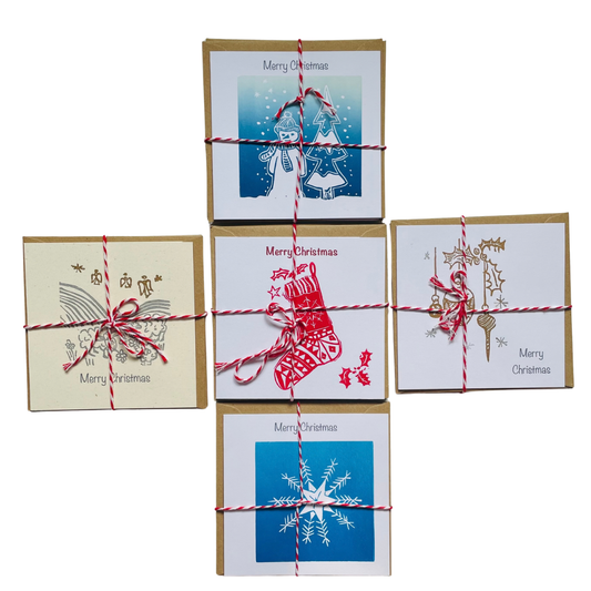 Christmas card bundle pack of 4 original Lino printed cards.