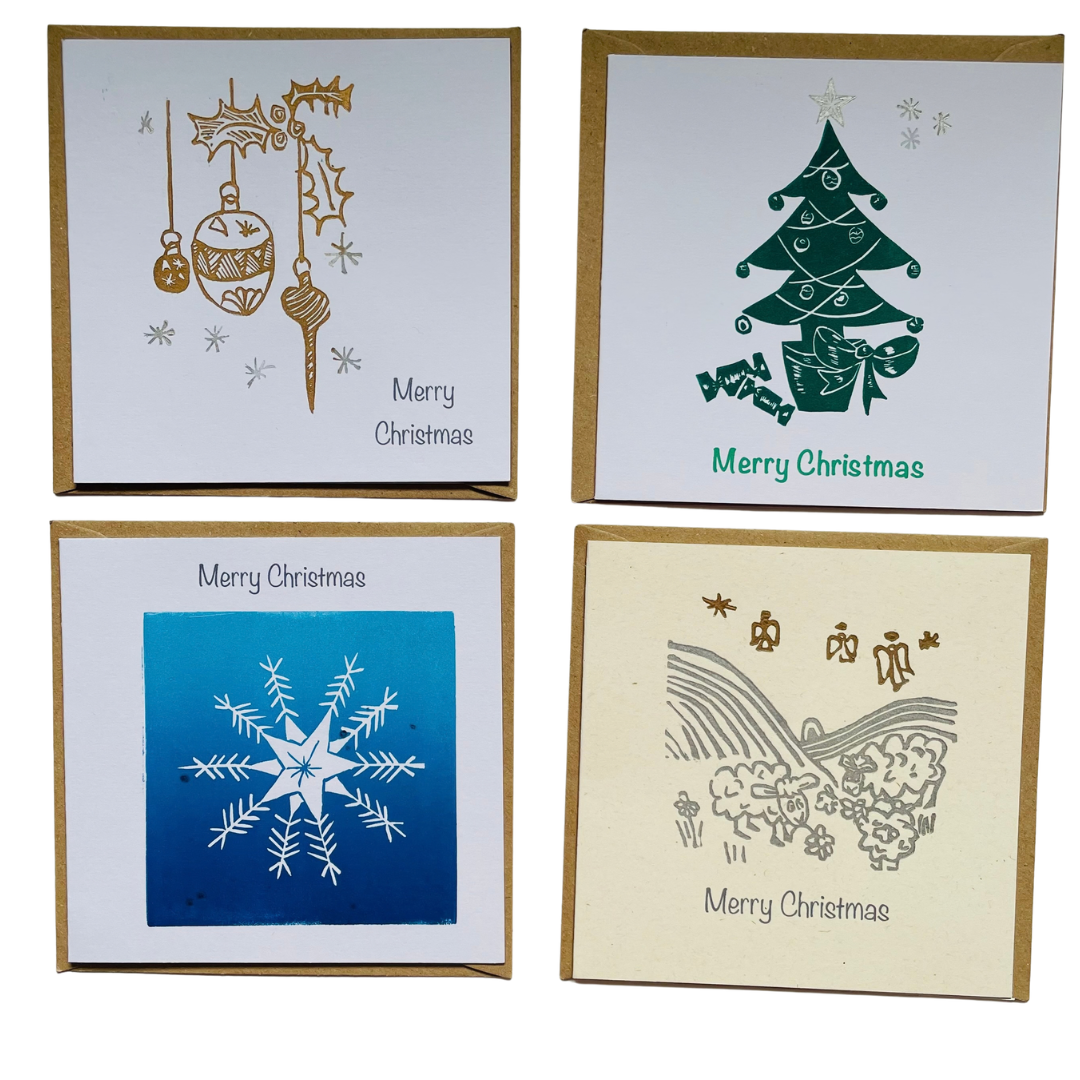SSF XMAS card bundle pack of 4 original lino printed cards.
