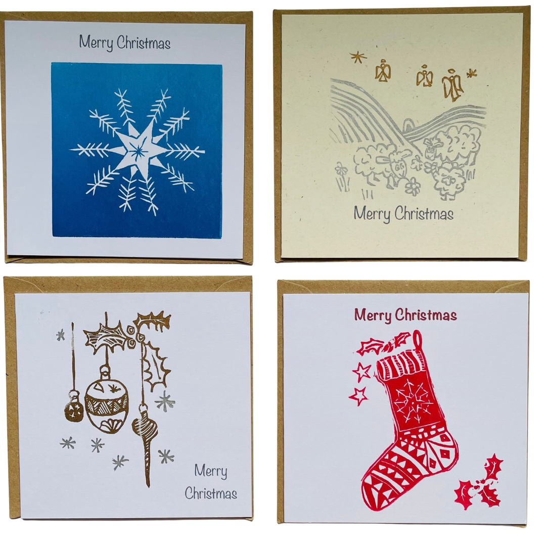 SSF XMAS card bundle pack of 4 original lino printed cards.