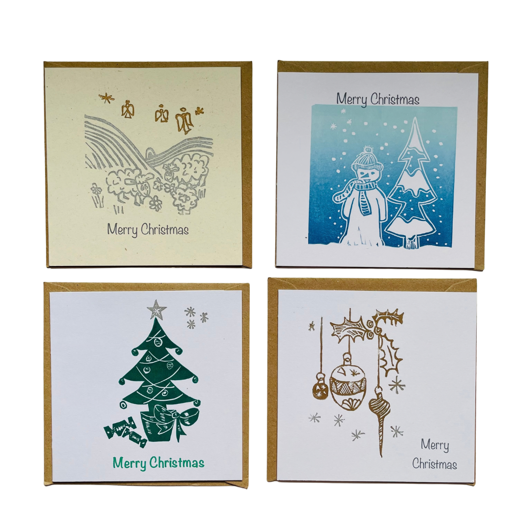 SSF XMAS card bundle pack of 4 original lino printed cards.
