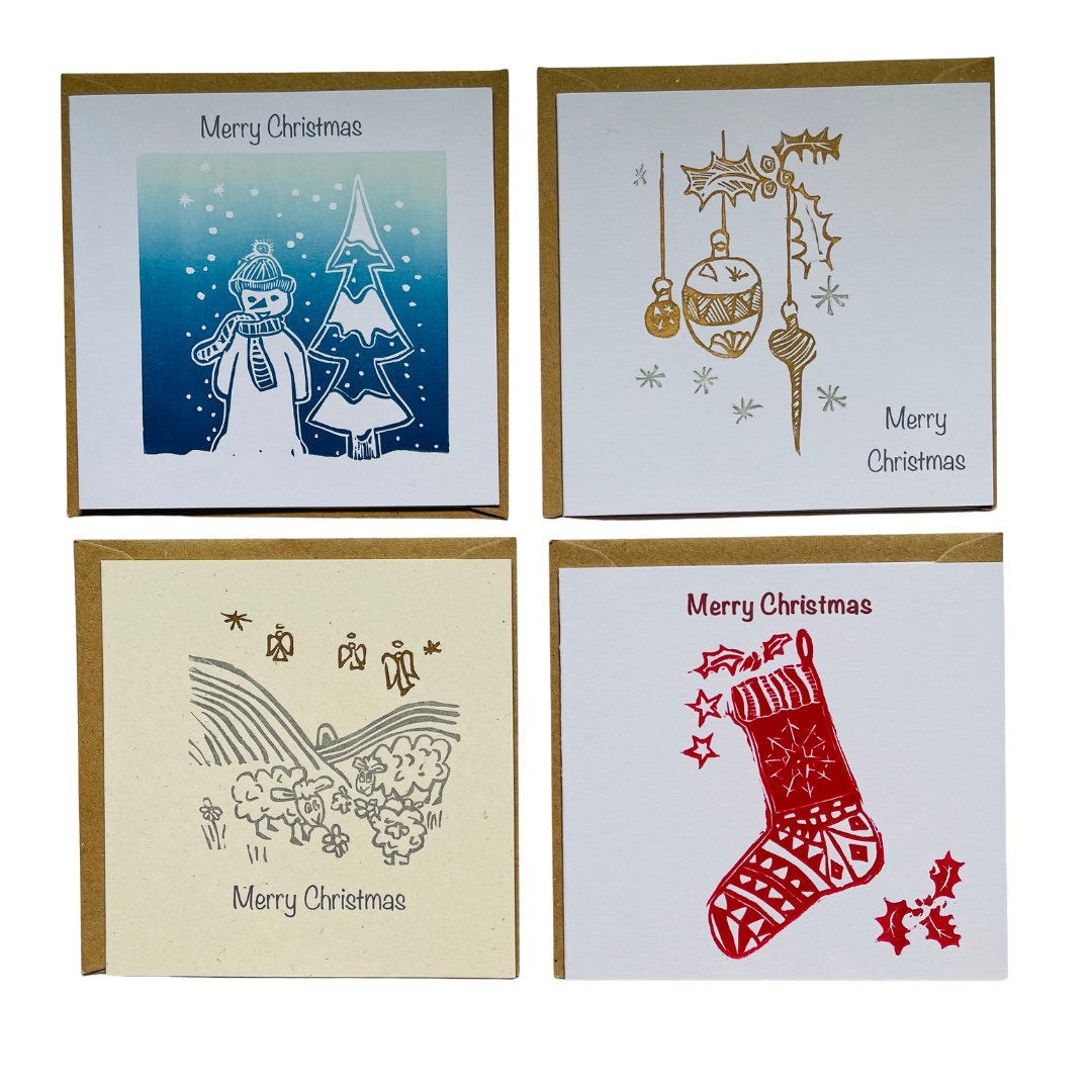 SSF XMAS card bundle pack of 4 original lino printed cards.