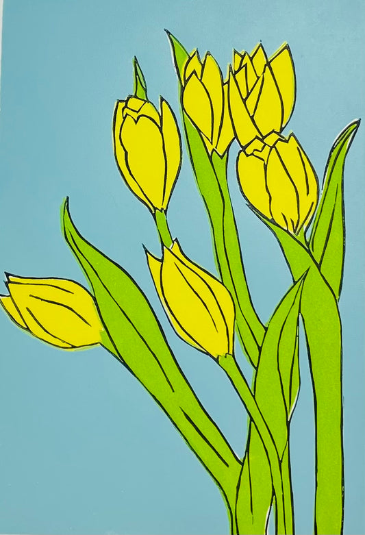 Tulips flower handmade original lino print