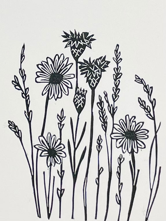 Wildflowers and grasses print, original handmade, black ink lino print.