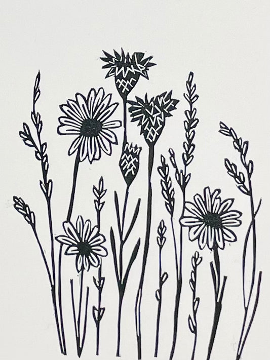 Wildflowers and grasses print, original handmade, black ink lino print.