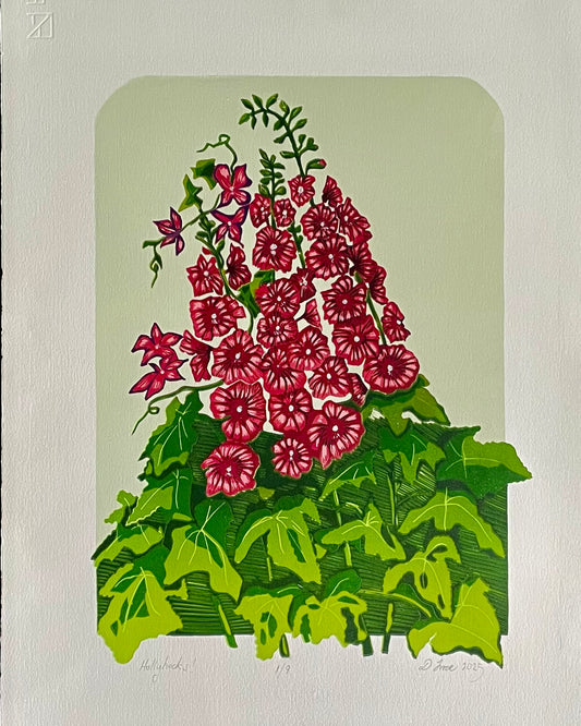 Holly Hocks Reduction lino print
