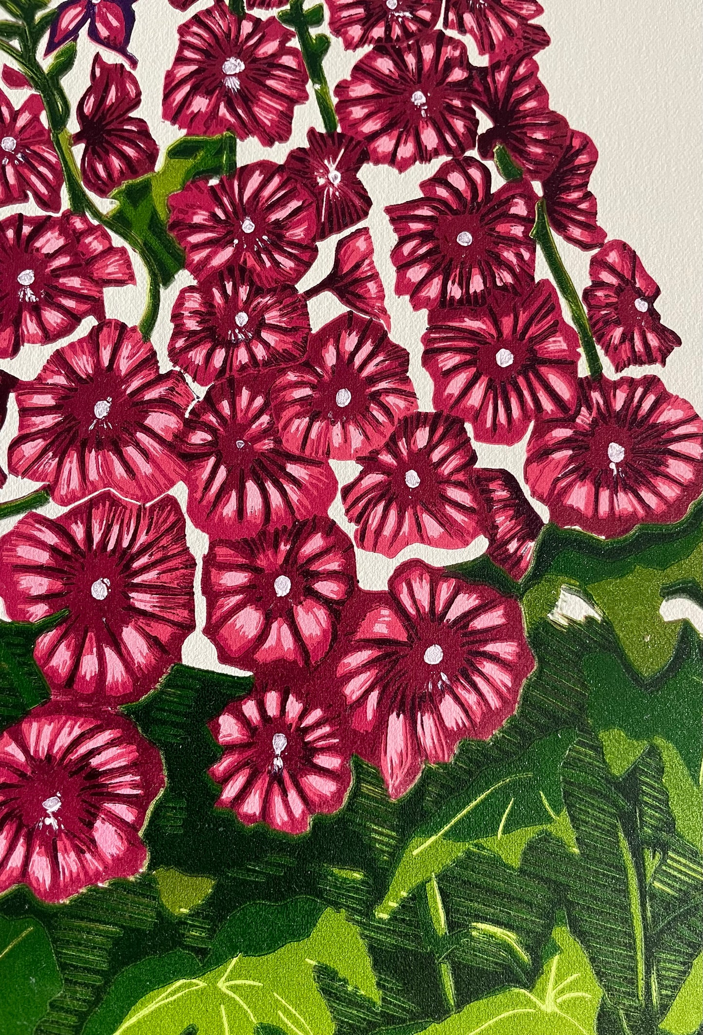 Holly Hocks Reduction lino print