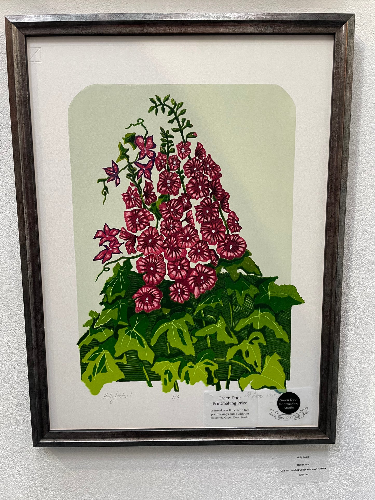 Holly Hocks Reduction lino print