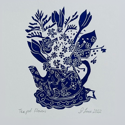 Blue flowers in a teapot print, original linocut print