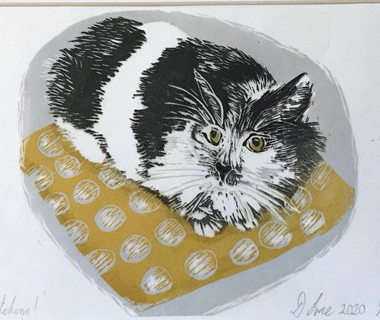 Black and white cat, long haired cat, original lino print